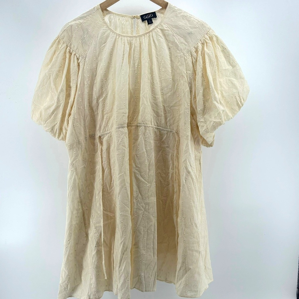 GiGio Cream Swiss Dot Puff Sleeve Babydoll Blouse Peasant Boho Top L Side Tie